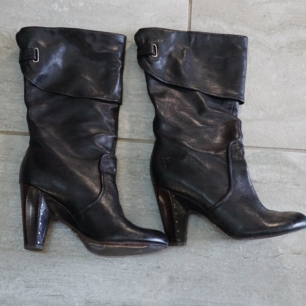 Frye Womens Bethany Cuff Shortie Heel Black Pull-On Leather KneeHigh Boots 6.5